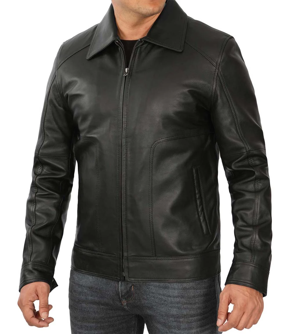 Men's Black Harrington Vintage Leather Jacket - Image 4