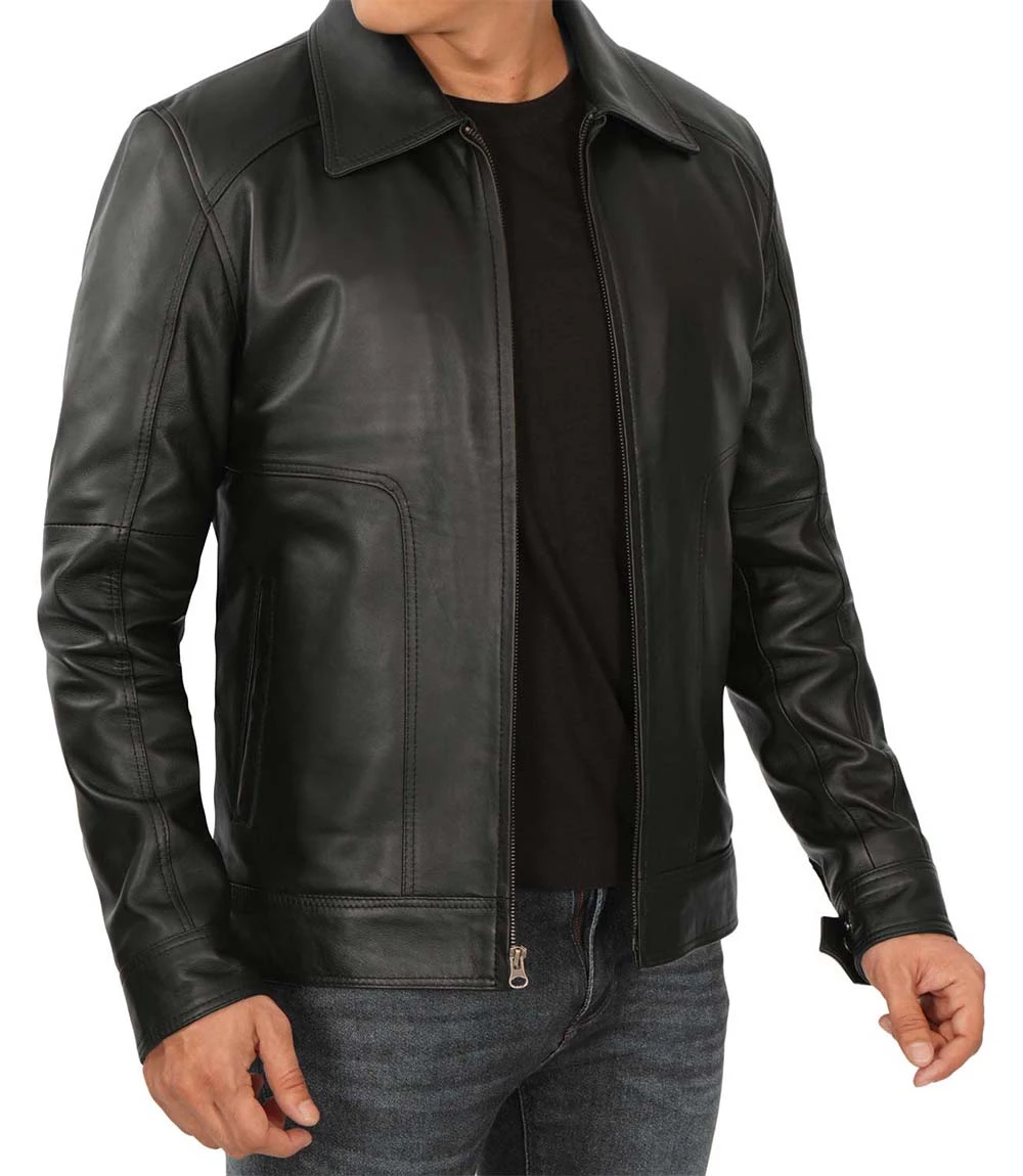 Men's Black Harrington Vintage Leather Jacket - Image 3
