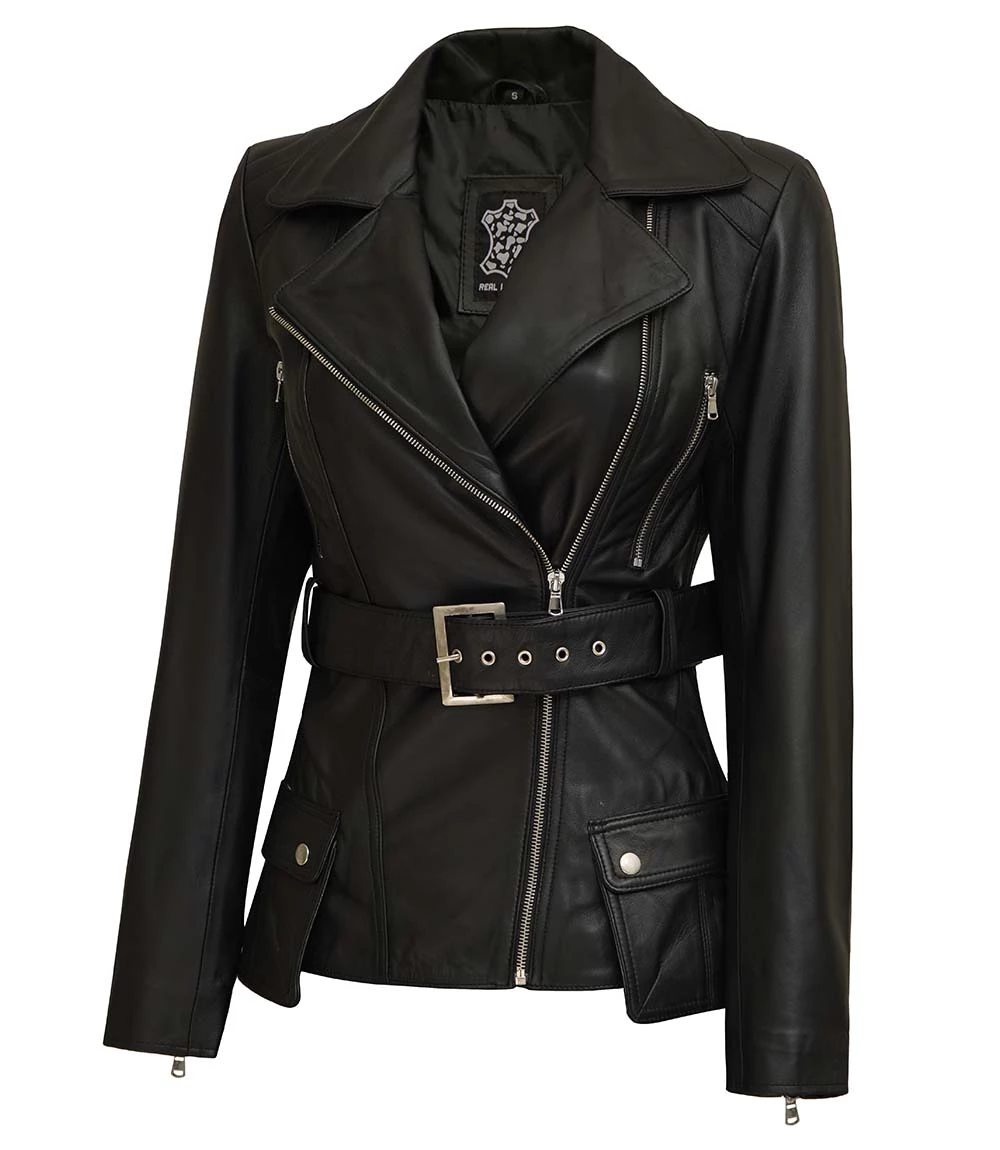 Victoria Women's Asymmetrical Black Leather Jacket - Image 2