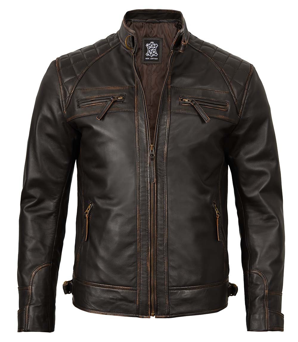 Men's Cafe Racer Distressed Brown Leather Jacket - Image 2